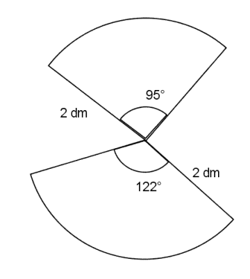 To sirkelsektorer, med hhv 95 og 122 grader. Begge har radius 2 dm.